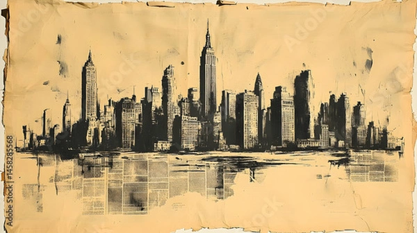 Fototapeta A stylized cityscape reflected in water, rendered in black ink on aged, textured paper