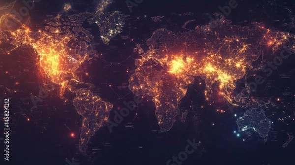 Fototapeta Global Network: A luminous visualization of worldwide connectivity and inter-relationship