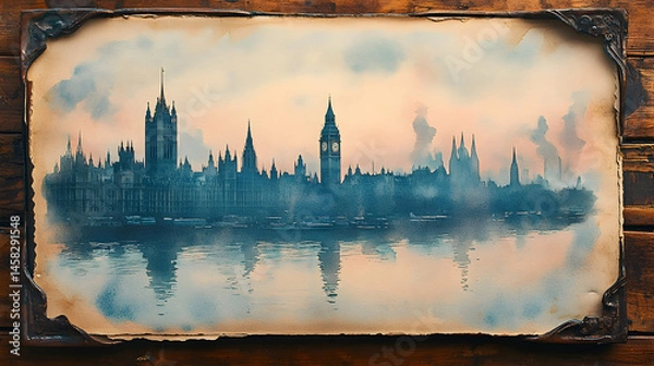 Fototapeta Serene cityscape reflected in calm water at dawn, shrouded in soft mist; antique frame