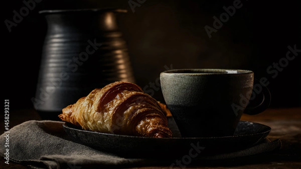 Fototapeta Croissant and deep brown readiness for breakfast or culinary photography