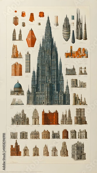 Fototapeta A detailed architectural chart showcasing a variety of building styles and heights, ranging from small houses to a towering gothic cathedral, all meticulously illustrated