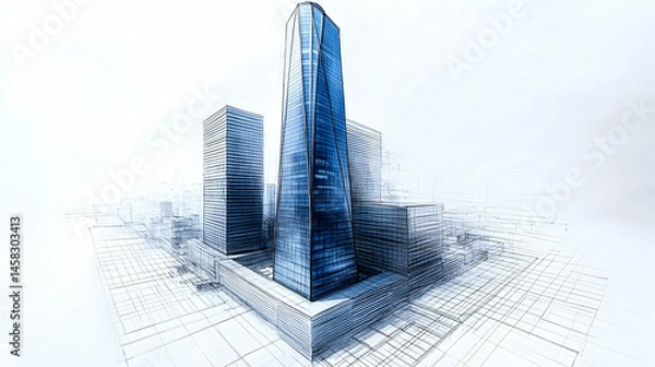 Fototapeta Sleek skyscraper dominates a city skyline, rendered in a stylized architectural blueprint