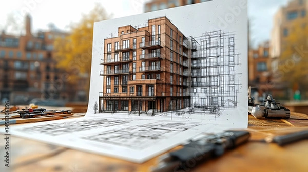 Fototapeta Architectural rendering of a brick apartment building, transitioning from sketch to 3D model, displayed on a wooden table with art supplies