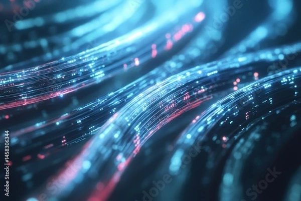 Obraz Abstract concept of data transfer using fiber optic technology in a high-speed network environment, Abstract concept of data transfer with fiber optic cables glowing with digital information