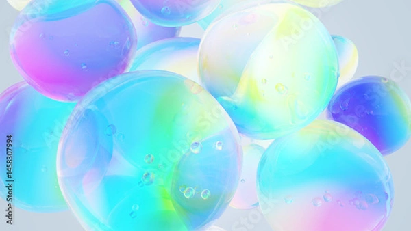 Fototapeta A dreamy 3D composition of iridescent pastel bubbles, blending luxury skincare, futuristic science, and fantasy art aesthetics—perfect for packaging, editorial design, or digital visual storytelling
