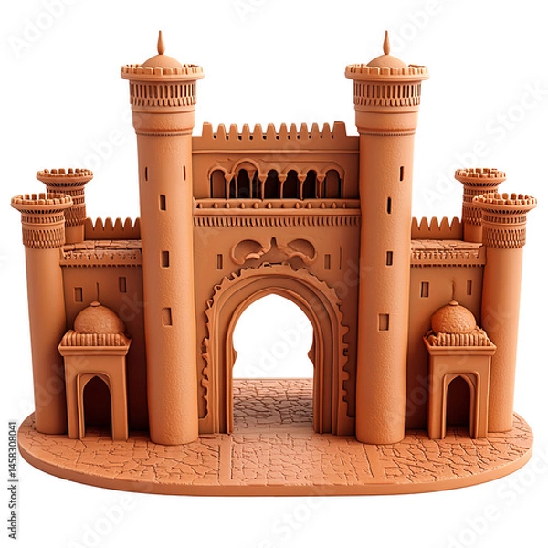 Fototapeta 3D front view illustration of a Tan-Tan Kasbah Morocco monument isolated on a white transparent background.