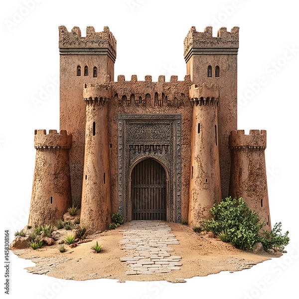 Fototapeta 3D front view illustration of a Taroudant Kasbah Morocco monument isolated on a white transparent background.