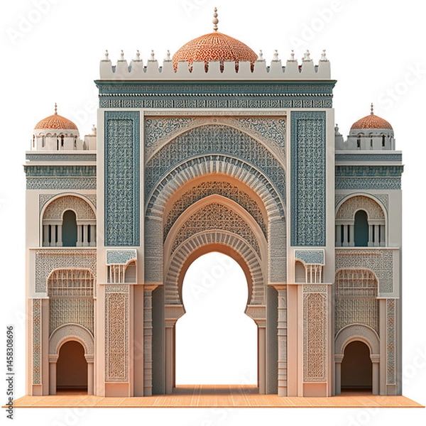 Fototapeta 3D front view illustration of a Zawiya of Moulay Ahmed Morocco monument isolated on a white transparent background.