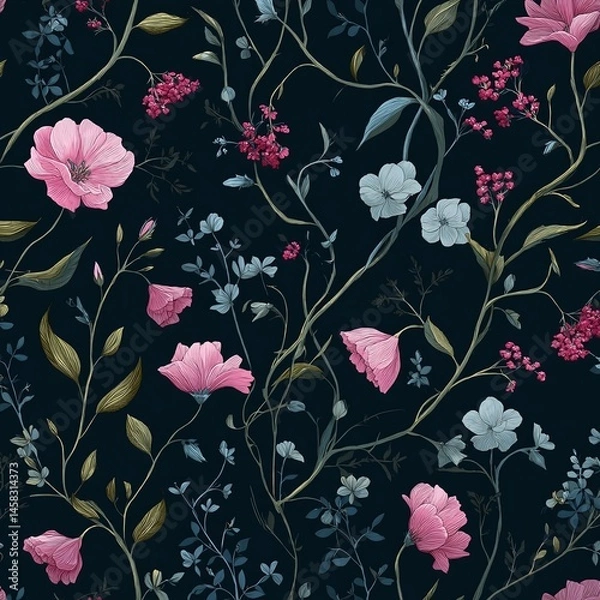 Fototapeta Elegant floral pattern featuring pink and blue flowers on a dark background, suitable for textiles
