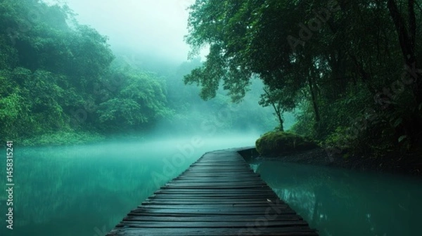 Fototapeta Misty forest river walkway