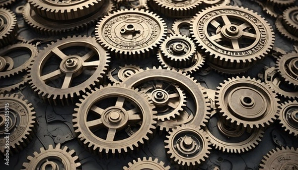 Fototapeta Close-Up of Mechanical Gears and Cogs in a Complex Machinery Setup