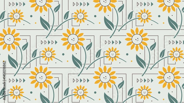 Fototapeta A cheerful pattern of leaves and sunflowers.
