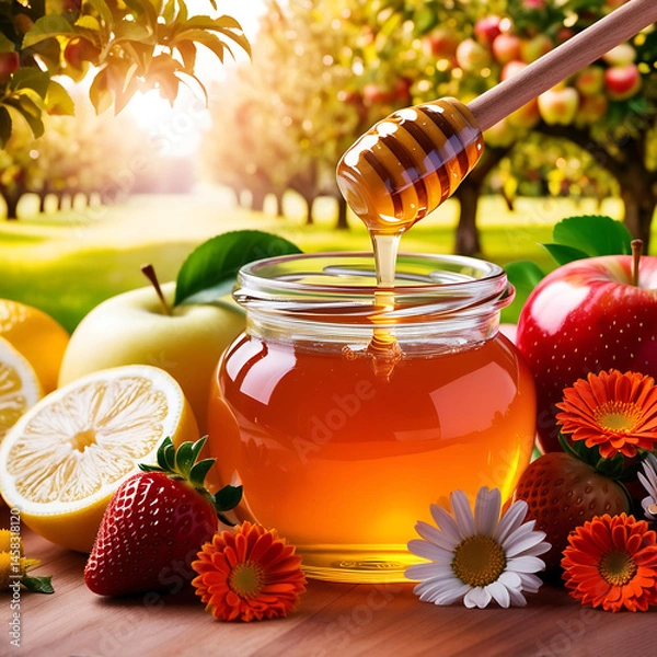 Obraz Golden Honey Jar with Citrus, Flowers, and Fresh Fruit in Sunlit Orchard