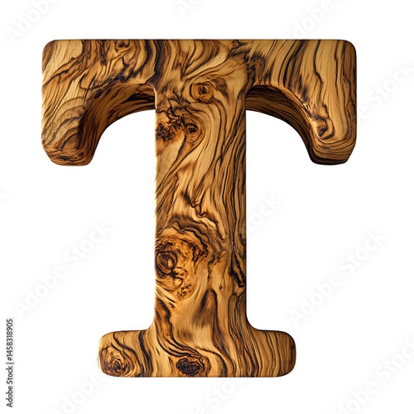 Fototapeta Top view of a 3D letter T made of Ash wood isolated on a white transparent background.