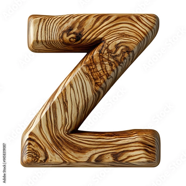 Fototapeta Top view of a 3D letter Z made of Ash wood isolated on a white transparent background.
