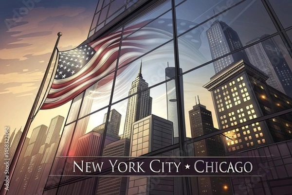 Obraz City Reflections – The flag reflected on glass buildings in NYC or Chicago.