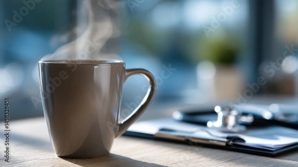 Fototapeta Steaming mug of coffee on a doctor's office desk, with a clipboard and stethoscope in the background.  Blurred, professional workspace setting