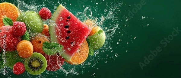 Obraz Vibrant fruit composition with water splash for watermelon day banner
