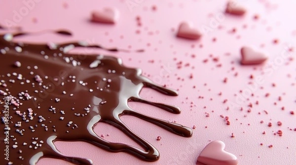 Obraz Melting chocolate drips on soft pink backdrop with heart decorations