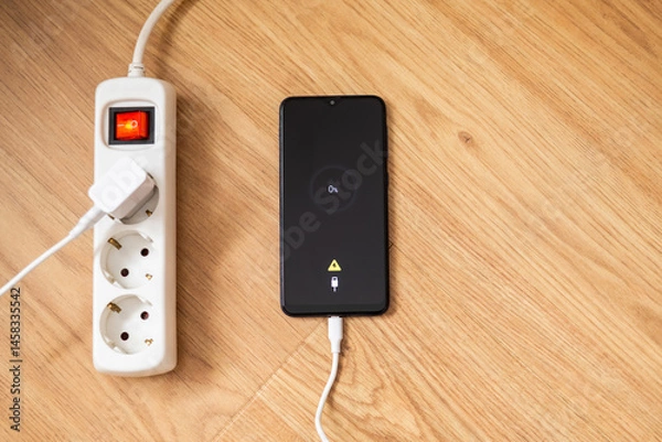 Fototapeta White extension cord plugged into wall socket powers smartphone displaying low battery warning on wooden table, emphasizing the importance of accessible power sources in modern life