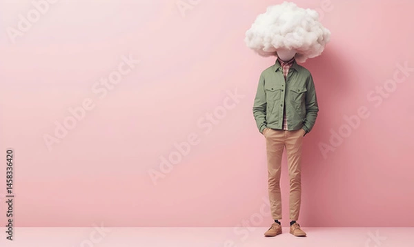 Obraz Man with Cloud Head Standing Against Pink Background