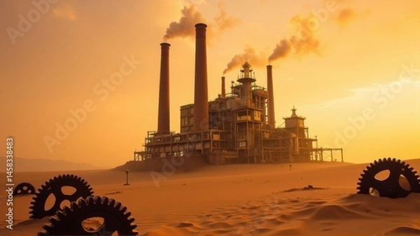 Obraz Abandoned Factory in Wasteland with Steam Emission at Sunset