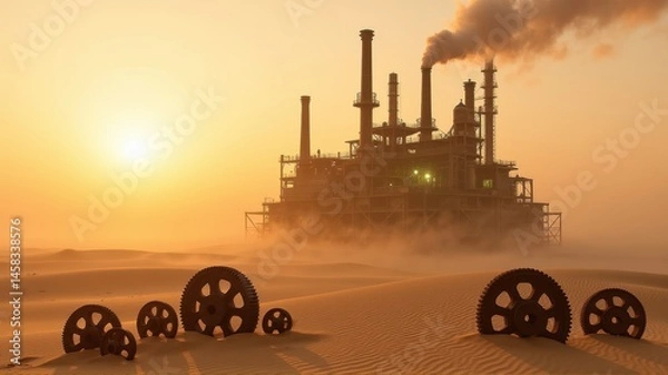 Obraz A Dystopian Industrial Complex in a Desert Wasteland at Sunset