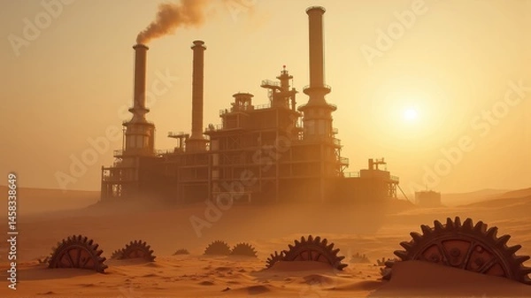 Obraz Industrial Wasteland in the Desert with Steam and Gears at Sunrise