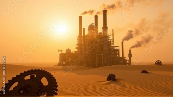 Obraz Wasteland Factory with Smoke Stacks and Machinery in Desert Sunset