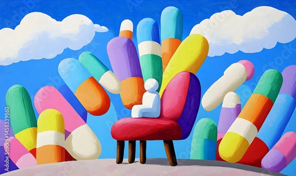 Obraz Colorful Pills Surrounding a White Figure Sitting on a Chair