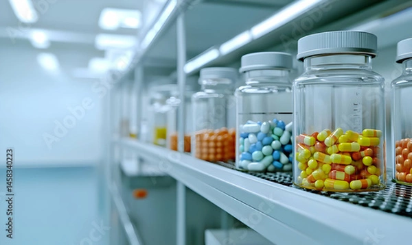 Obraz Colorful Prescription Medications in Glass Jars on a Shelf