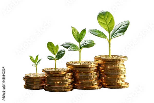 Obraz Stacks of Gold Coins with Growing Green Plants, Symbolizing Financial Growth, Investment Success, and Sustainable Wealth Development

