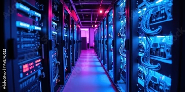 Obraz High-Tech Data Center with Blue and Purple Lighting Effects