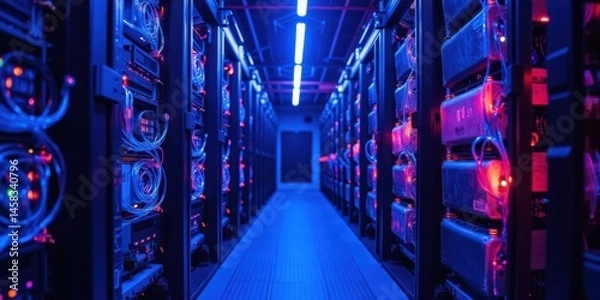 Obraz High-Tech Data Center with Colorful LED Lights and Equipment Racks