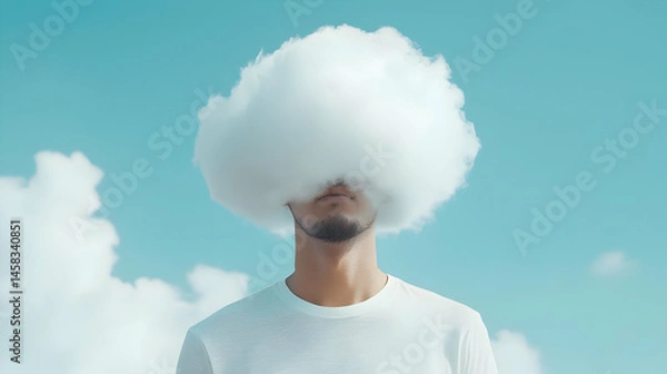 Obraz Man with Cloud Head Surrounded by Blue Sky and Soft White Clouds