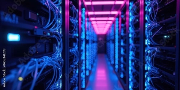 Obraz Futuristic Data Center with Neon Lights and Network Cables