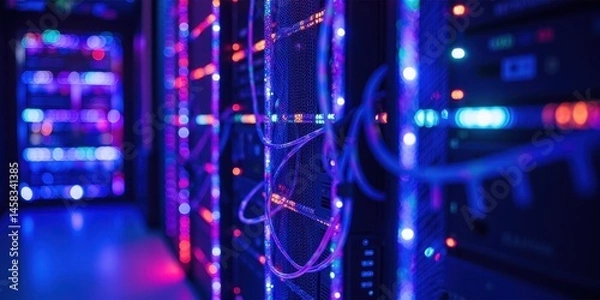 Fototapeta Vibrant Light Display in a Modern Data Storage Center Environment