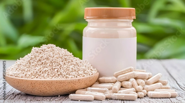 Obraz Natural Supplements with Powder and Capsules on Wooden Table