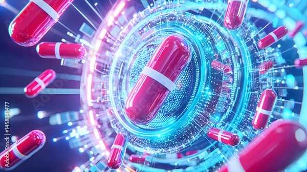 Fototapeta Futuristic Digital Background with Red Capsules and Glowing Effects