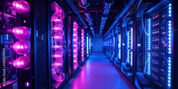 Obraz Modern Data Center Interior with Colorful LED Lighting Effects