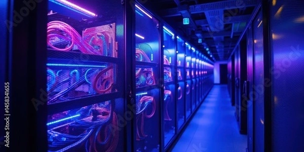 Obraz Modern Data Center with Colorful Lighted Server Racks and Cables