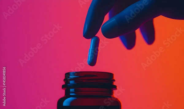Fototapeta Hand Reaching for Capsule Above Dark Container with Gradient Background
