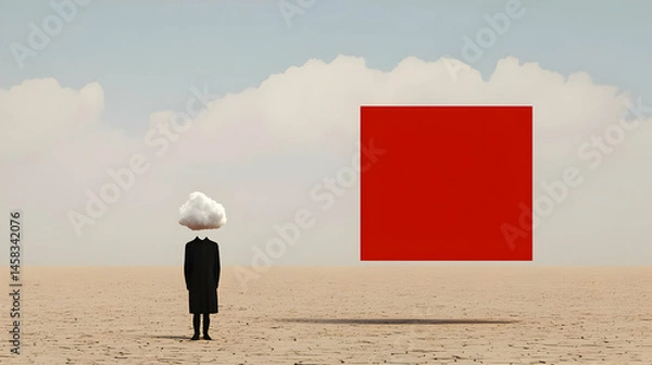 Fototapeta Surreal Representation of Clouded Mind with Floating Red Square