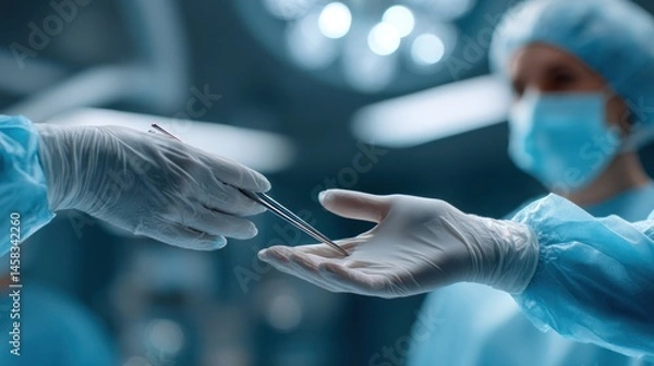 Fototapeta Surgical team passing instrument in operating room.  Close-up of gloved hands exchanging a surgical tool.  Focus on the hands and instrument.  Sterile environment