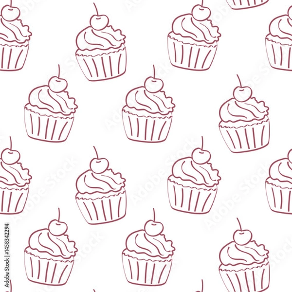 Fototapeta Seamless vector pattern with cupcake in minimalistic sketch style. Perfect for packaging, wrapping paper, cafe branding, textile design and backgrounds