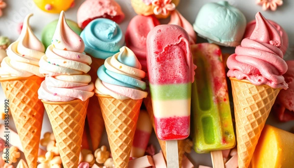 Fototapeta Colorful Pastel Ice Cream Cones and Popsicles