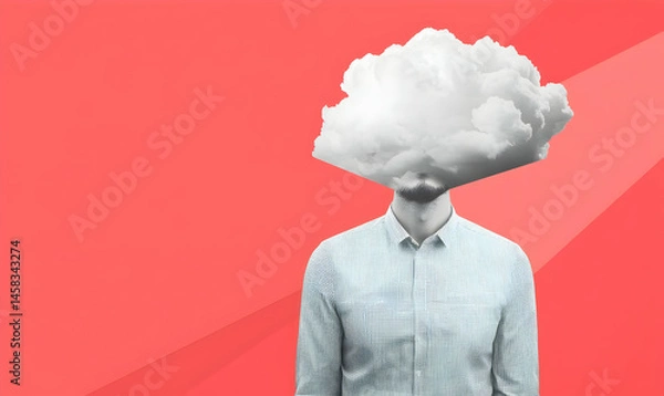 Obraz Man with Cloud Head Against a Bright Coral Background
