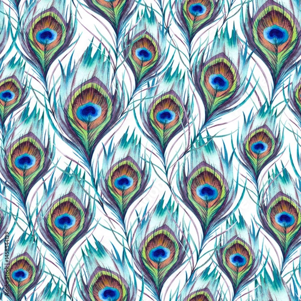 Fototapeta Peacock feathers. Seamless pattern. The illustration is hand-drawn, executed in watercolor. A beautiful bright multicolored Phoenix bird feather on a white background. Asian, Indian ornament