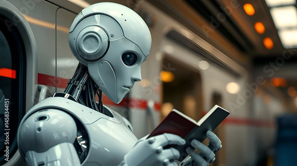 Fototapeta Traveling on Trains, Ticket and Passport Checker, A white humanoid robot Checking a passport against a luxury train, A Cross Border International Trains, Modern Technology Concept, Generative Ai