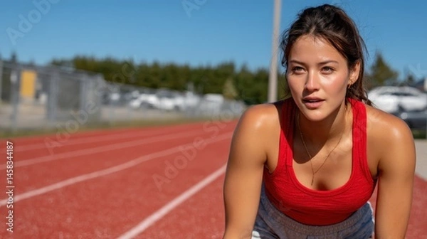 Fototapeta Determined Female Athlete Taking a Break on the Track During Training Session Under Clear Blue Sky